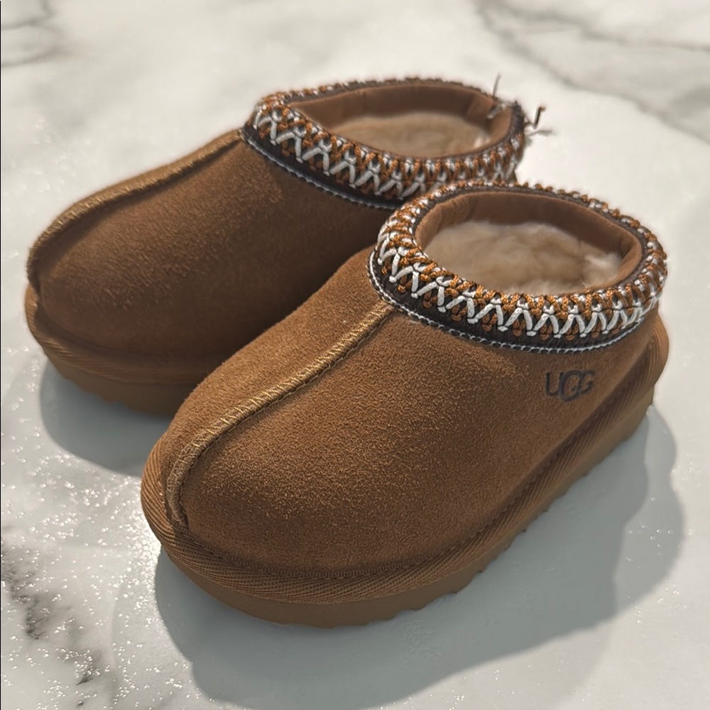 UGG Tan Suede Slip-Ons with Woven Trim